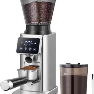 AMZCHEF Coffee Grinder, Burr Coffee Bean Grinder for Home Use with 48 Precise Grind Settings, Detachable Funnel Stand for Espresso, LED Control Panel, Anti-static Design, silver